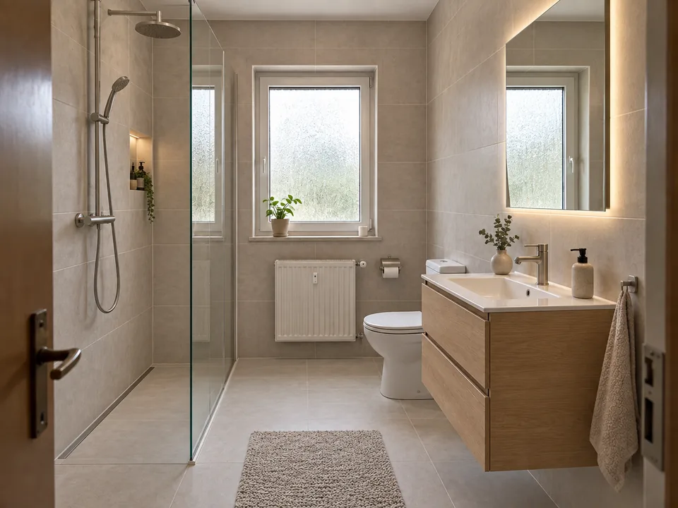 Badsanierung nachher – modernisiertes Bad mit Dusche und Waschtisch